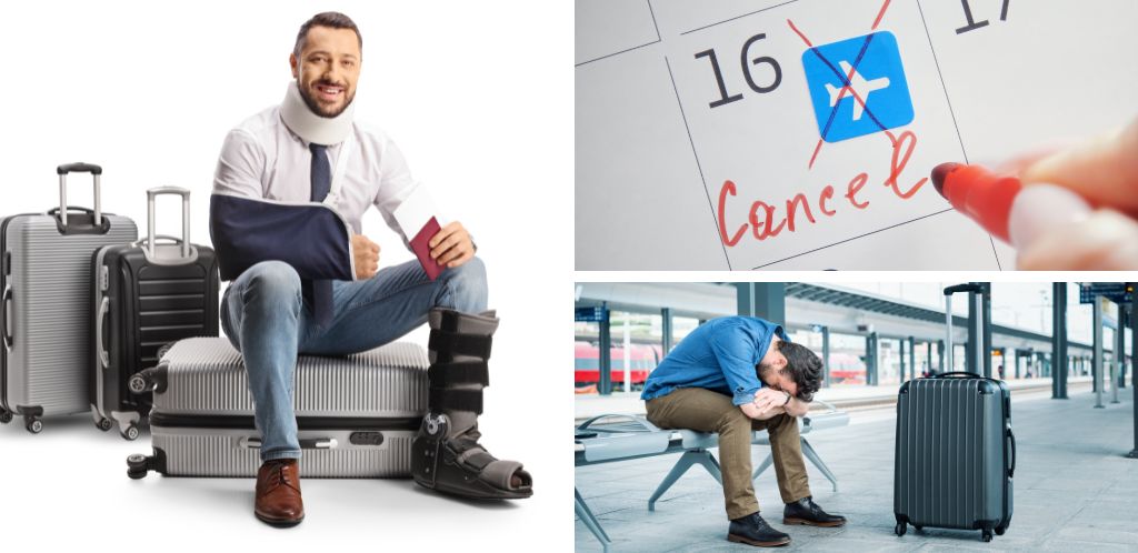 Ocaso Travel Insurance Reviews: traveler with a broken arm, canceled trip, and traveler waiting for delayed transportation.