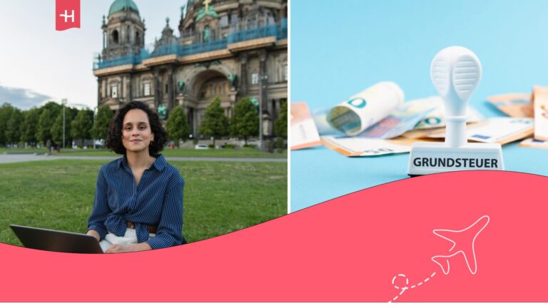 Woman with a computer in Berlin sitting on the grass and, in another image, euro banknotes.