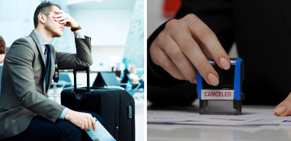 Traveller whose trip has just been cancelled and travel agent holding a cancellation stamp.