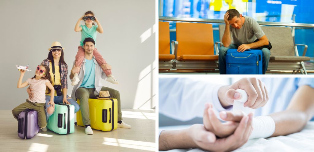 Coverages included in RACE travel insurance: family with luggage, traveler waiting for a flight, and hand baggage.