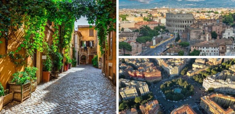 Aerial view of Rome; alleyway in the Trastevere district, and drone shot of the iconic Mazzini Square in Prati.