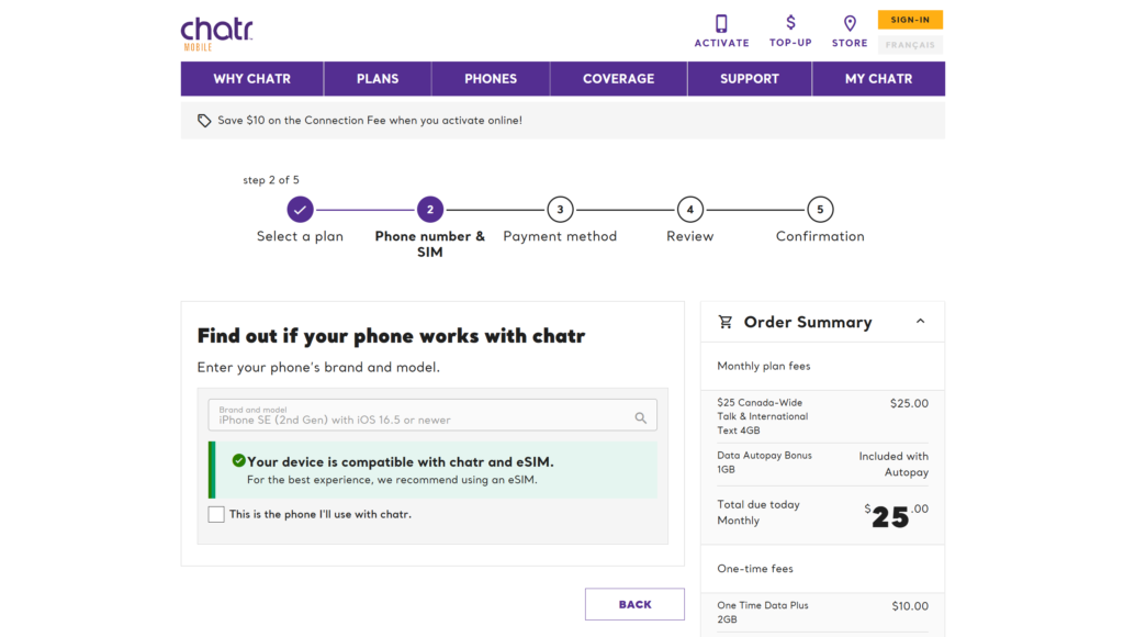 Online activation process showing chatr eSIM compatibility