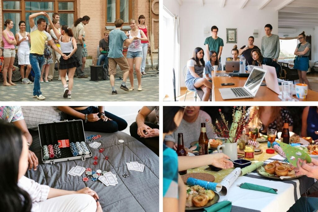 Couple dancing salsa, group of friends dining, playing board games and working.