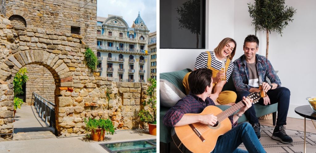 The best coliving is in the Gothic Quarter of Barcelona. Walls in the Gothic and digital nomads in the common living room of the coliving
