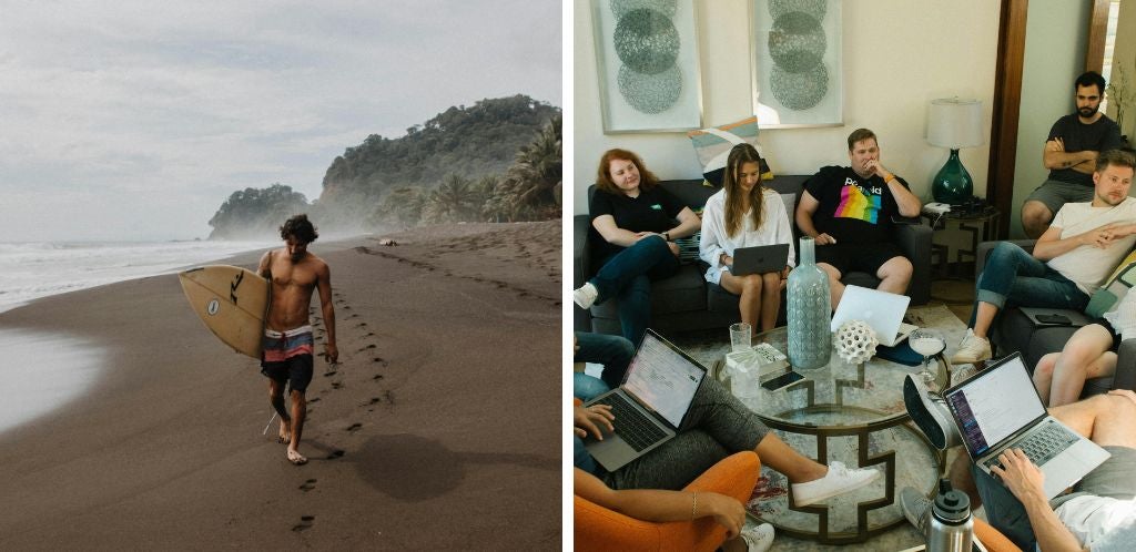 A group of digital nomads in a coliving in Costa Rica and a digital nomad practising surfing on a Costa Rican beach.