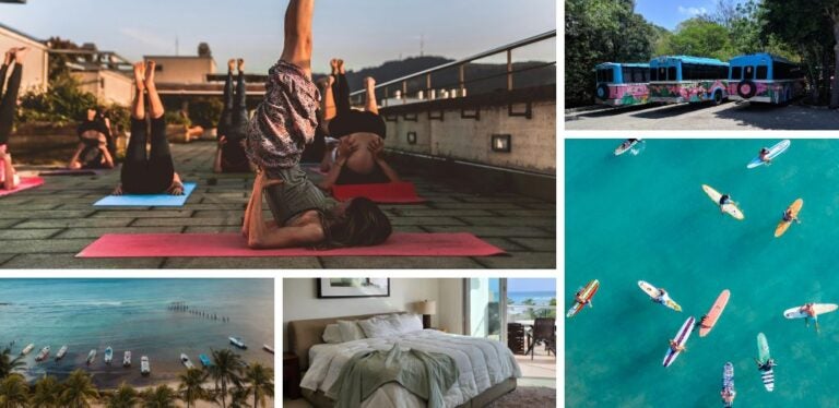 Group of digital nomads doing yoga at a coliving space in Playa del Carmen, Mexico. Transportation in Riviera Maya.