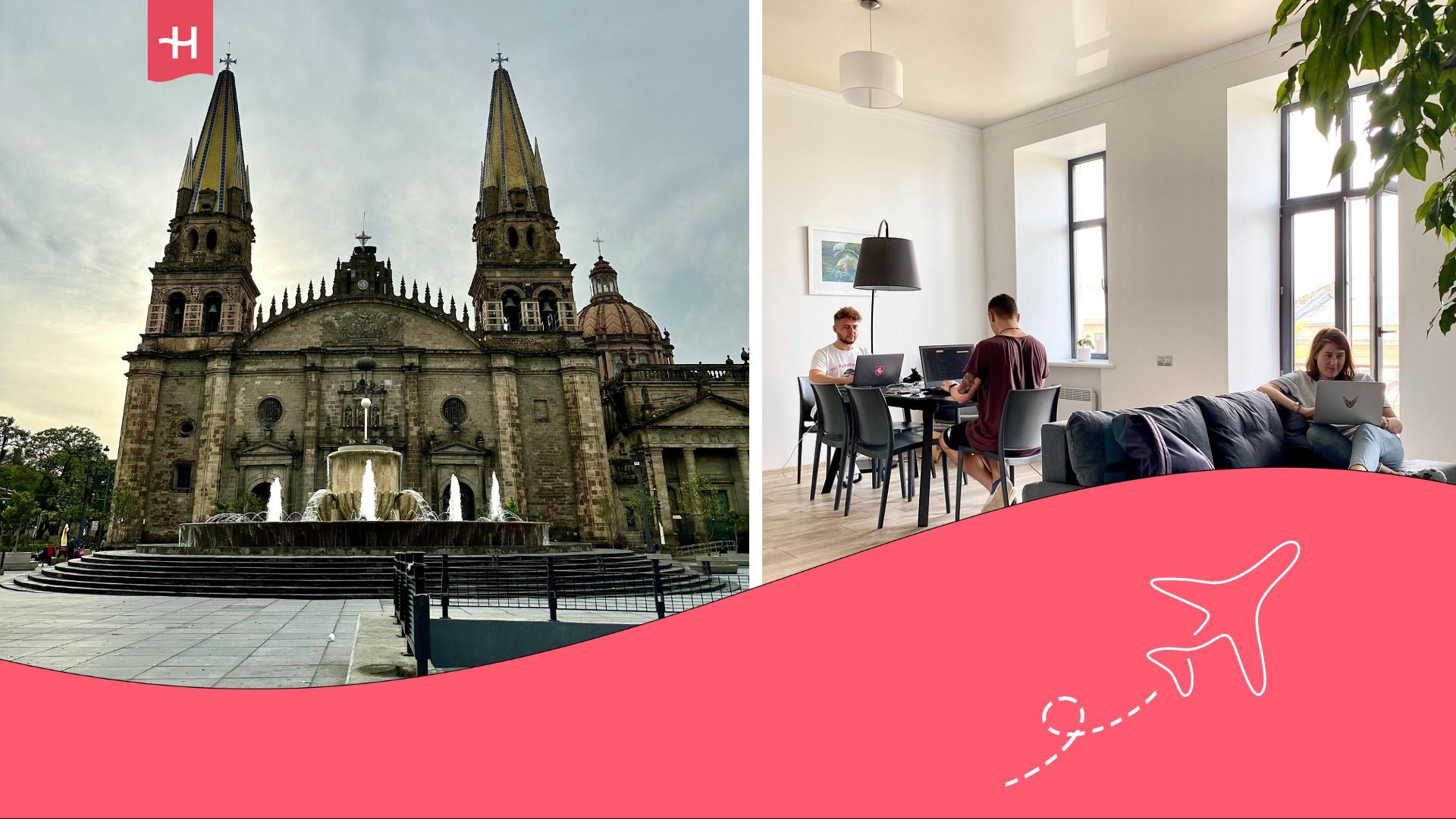 Guadalajara Square and people sharing a co-living space.