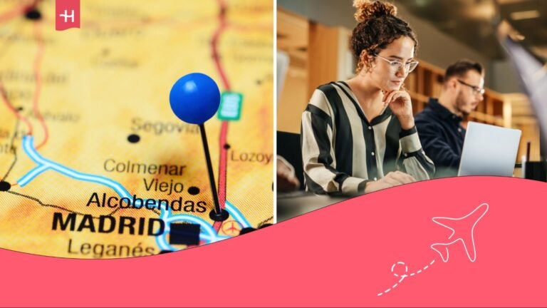 Map of Alcobendas and next to it another photo of a girl working in a coworking space.
