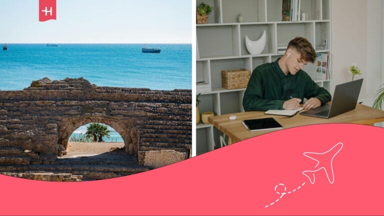 Roman ruins in Tarragona and, in another photo, a boy working on his laptop.