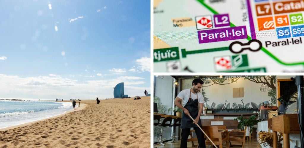 Cheap coliving in Barcelona: Beach, metro, and coliving staff cleaning the communal dining room