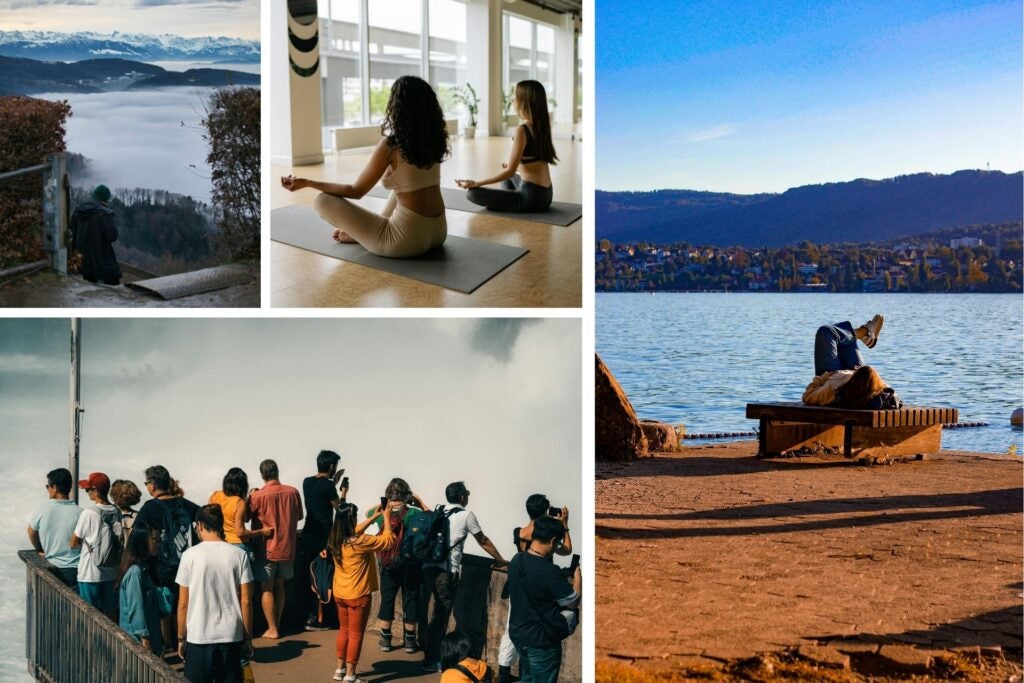 People enjoying the landscape of Zurich and practising yoga.