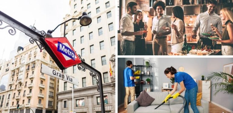 Madrid metro stop; group of digital nomads in affordable coliving in Madrid and cleaning service in accommodation in the capital of Spain