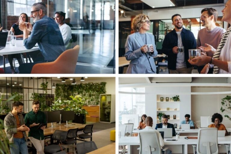 Coworkers working, chatting and having coffee in a coworking space.
