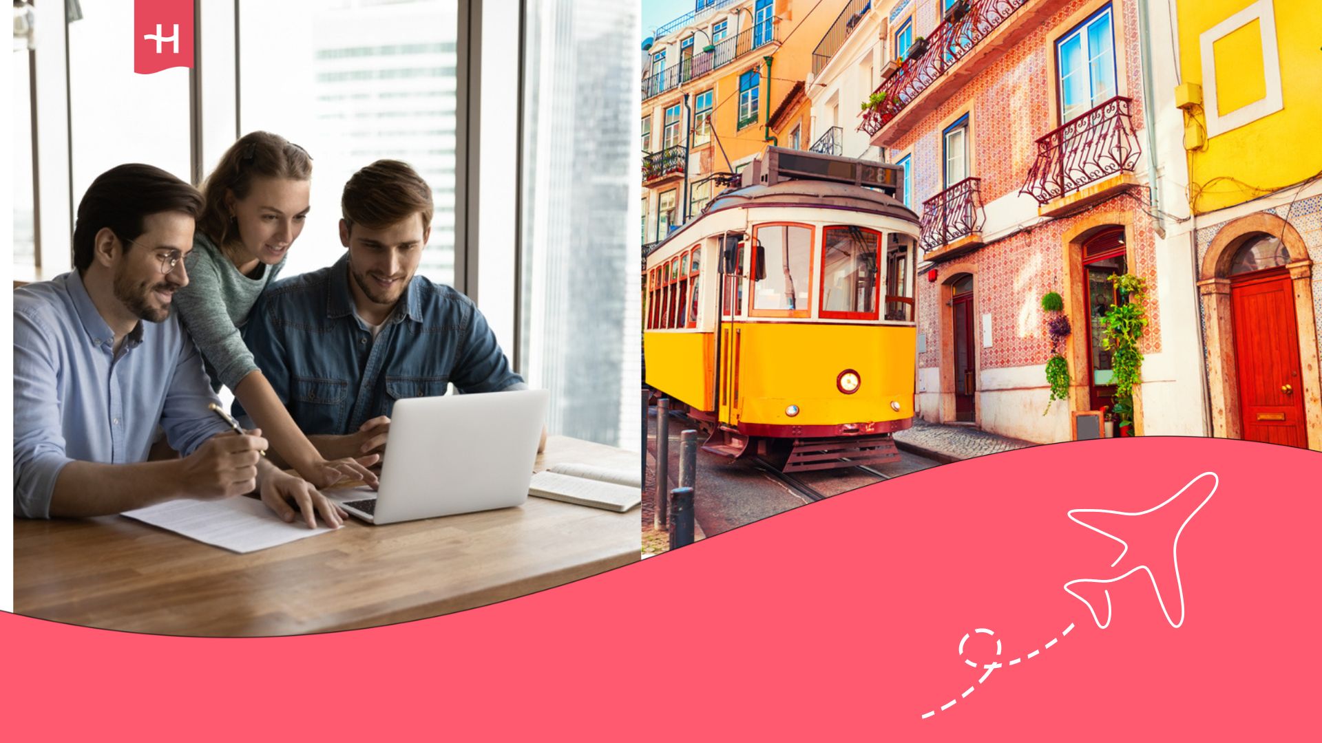 In one image, a tram; in another, a group of people teleworking from a co-working space.