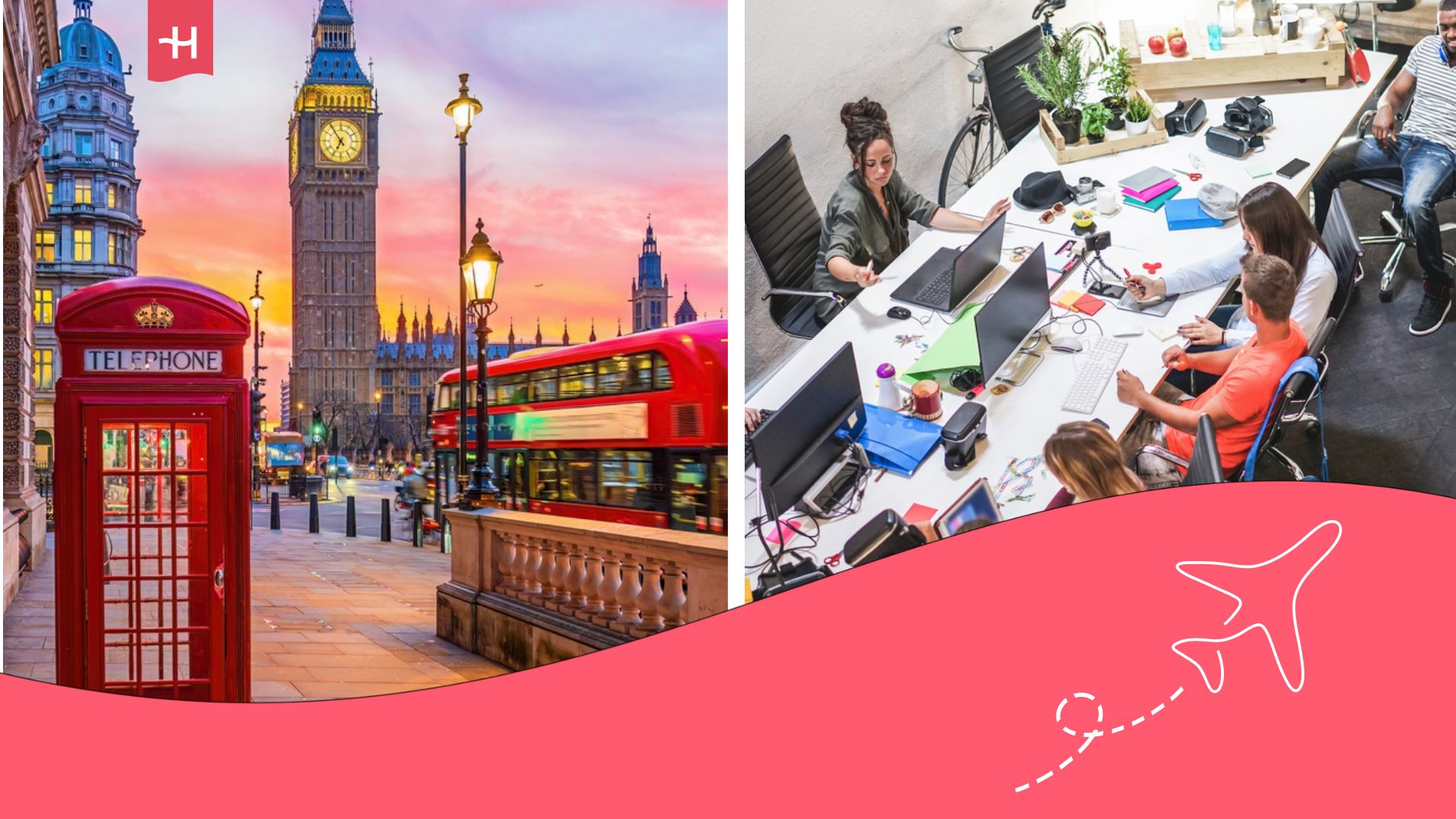 Several people working in a co-working space and, in another image, a street in London with a red telephone box and Big Ben.