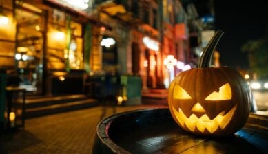 A pumpkin at night during Halloween