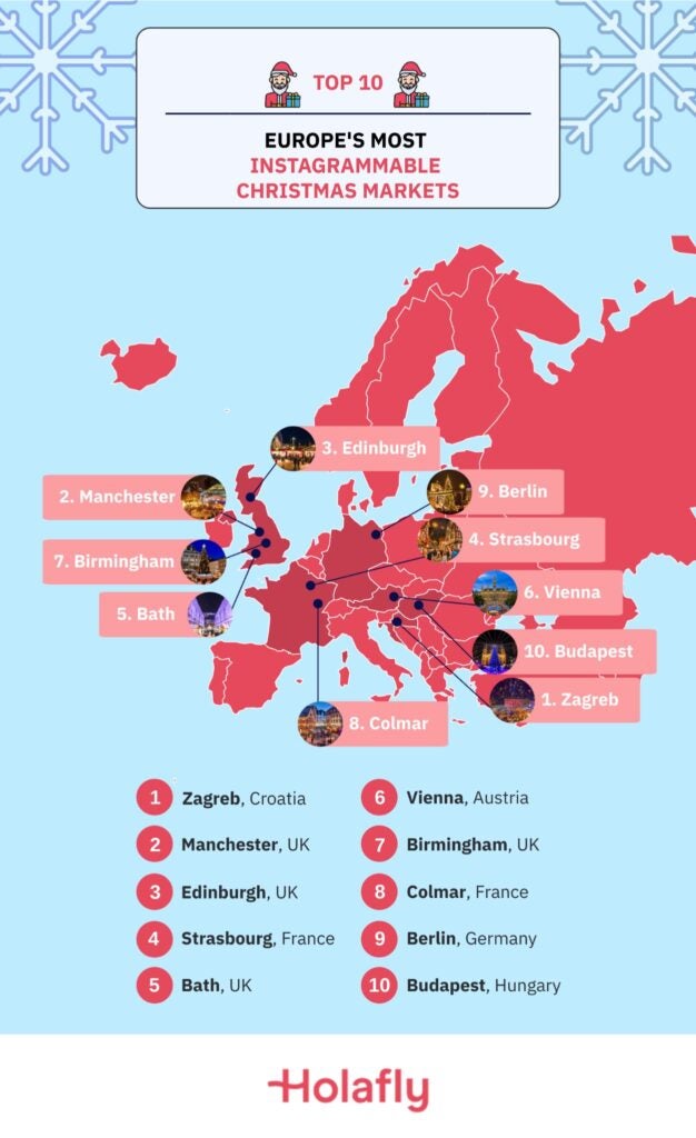 A map of the top 10 most instagrammable Chirstmas markets in Europe