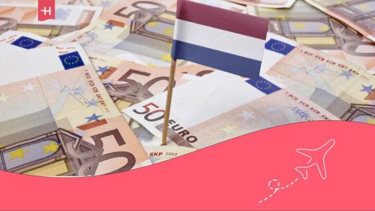 Euro banknotes and the Dutch flag.