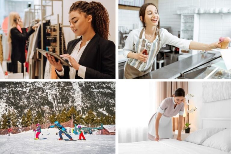 Ski instructor, shop assistant in a clothing store, waitress, and cleaner in a hotel making beds.
