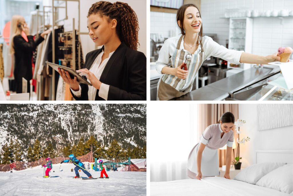 Ski instructor, shop assistant in a clothing store, waitress, and cleaner in a hotel making beds.