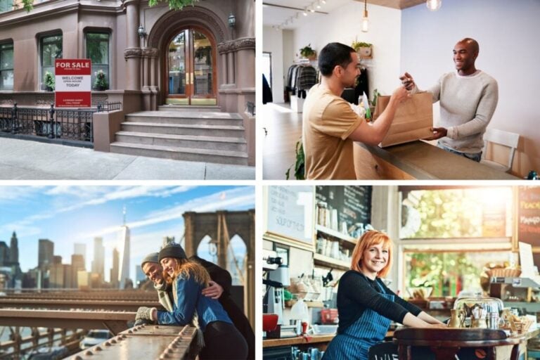 A couple on a bridge in New York, a waitress working, a man shopping in a store, and a house for sale.