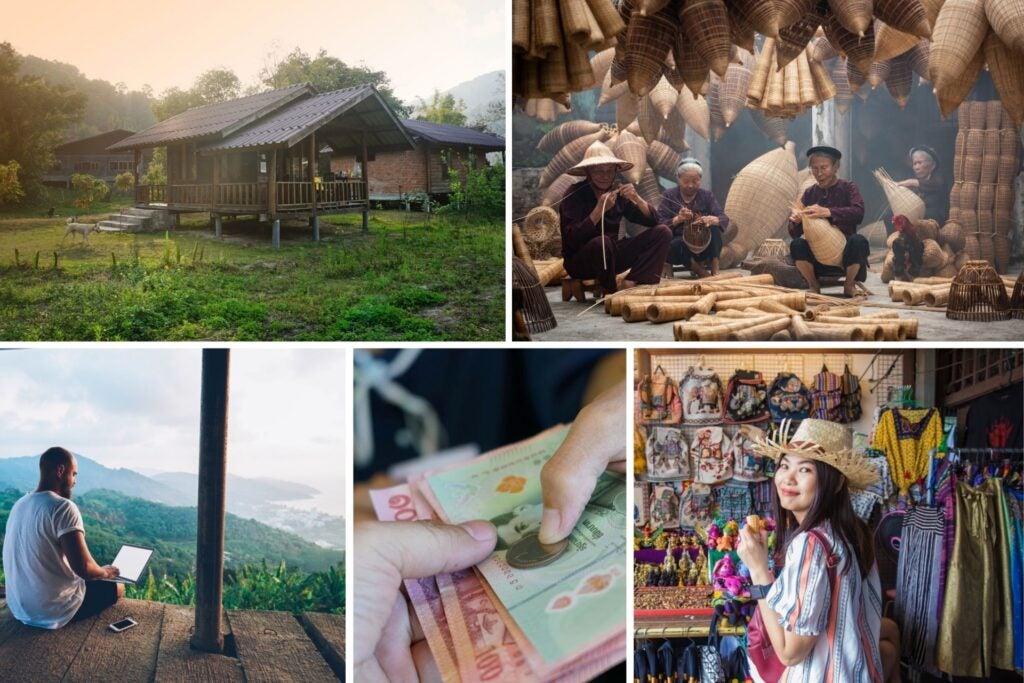 House in Thailand, people working, woman shopping at a market, and man working remotely.