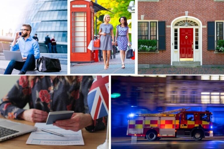 Two women shopping in England, a digital nomad working remotely, a typical English house with a red door, a fire engine, and a person filing their tax return.