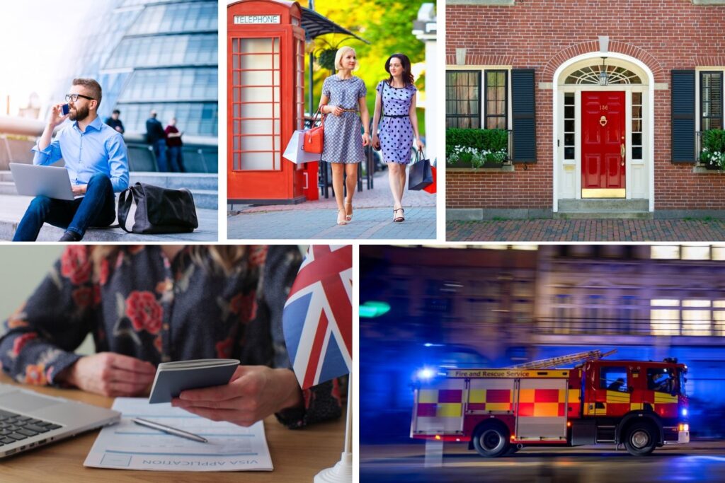 Two women shopping in England, a digital nomad working remotely, a typical English house with a red door, a fire engine, and a person filing their tax return.
