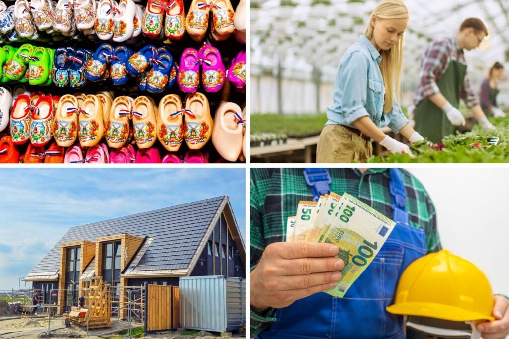 Wooden clog shop in the Netherlands, typical house, girl working with flowers, and worker holding euros in hand.