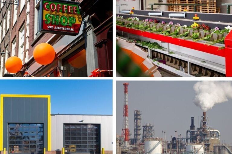 Several businesses in the Netherlands, including a coffee shop, flower shop, and industrial warehouse.