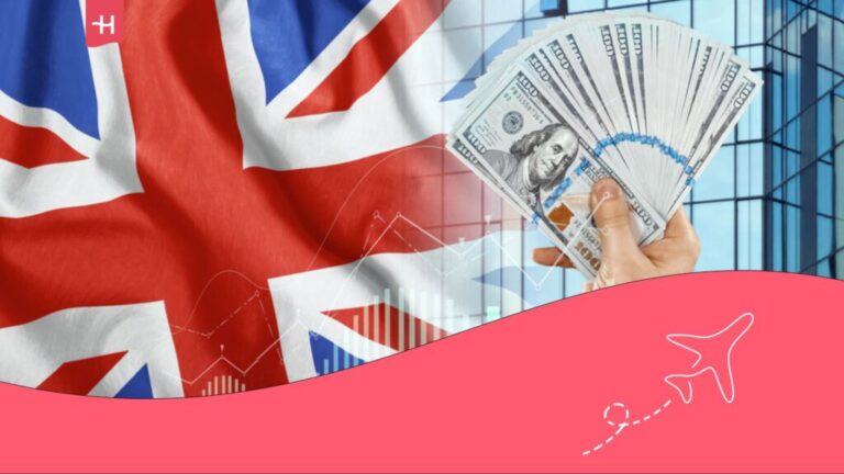 Flag of England and banknotes.