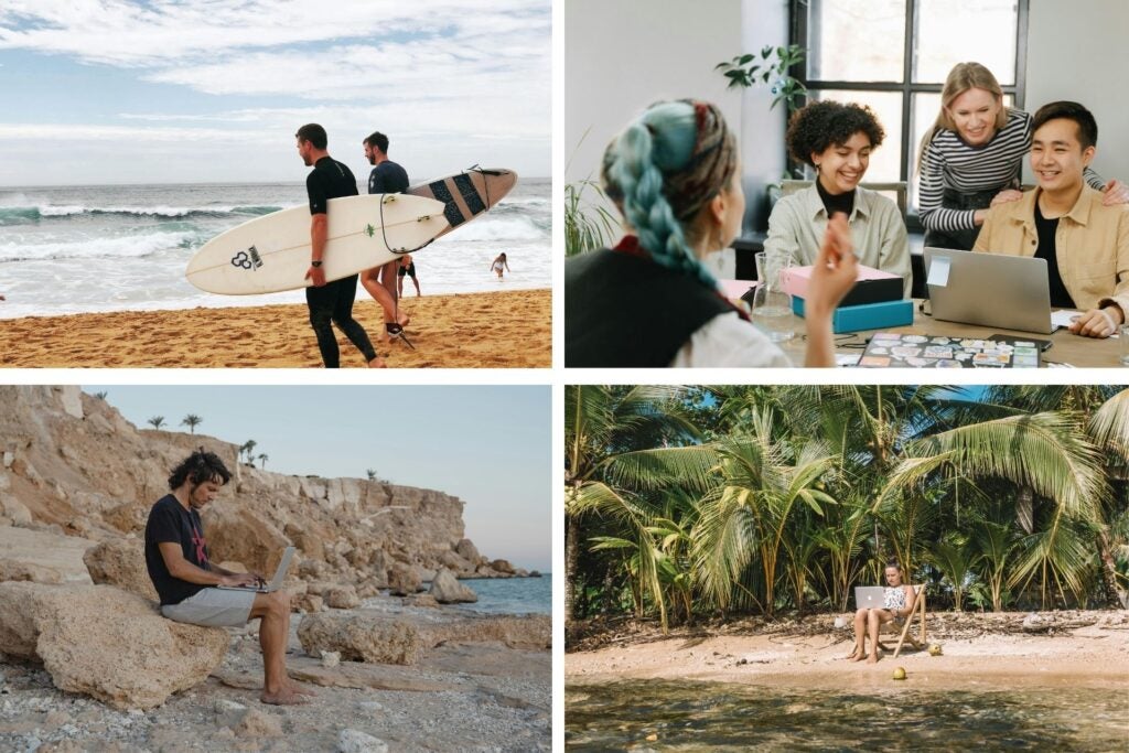 Individuals working in a coworking space, a mix of men and women telecommuting on the beach, and two young men with surfboards.