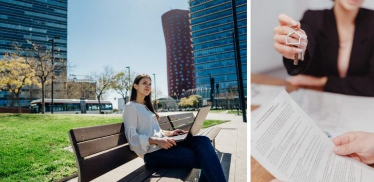 How to choose a coliving in Barcelona: Digital nomad in front of skyscrapers and shared accommodation rental contract