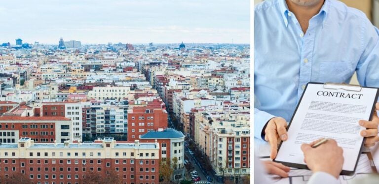 cheap coliving Madrid: Aerial view of the Chamberí neighbourhood and a digital nomad signing a contract