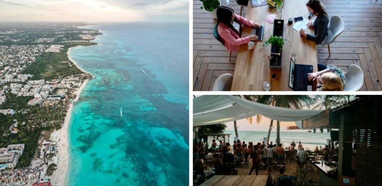 Aerial view of Playa del Carmen. Group of digital nomads working remotely from a coliving space in Playa del Carmen