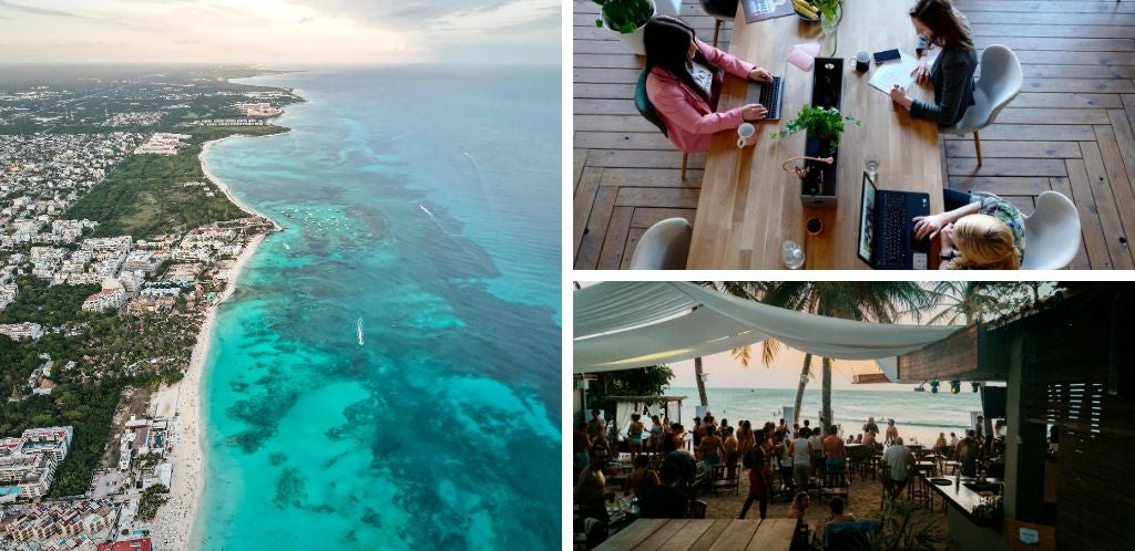 Aerial view of Playa del Carmen. Group of digital nomads working remotely from a coliving space in Playa del Carmen