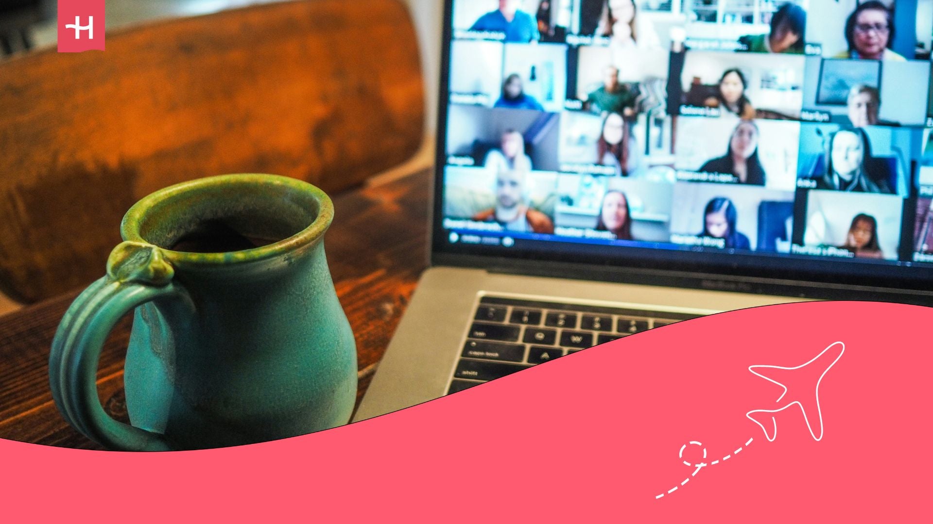 remote team management with a cup of tea or coffee in front of laptop and virtual meeting going on