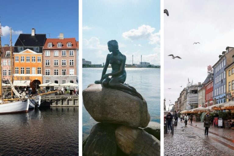 Tourist areas of Copenhagen, colourful buildings and the mermaid statue.