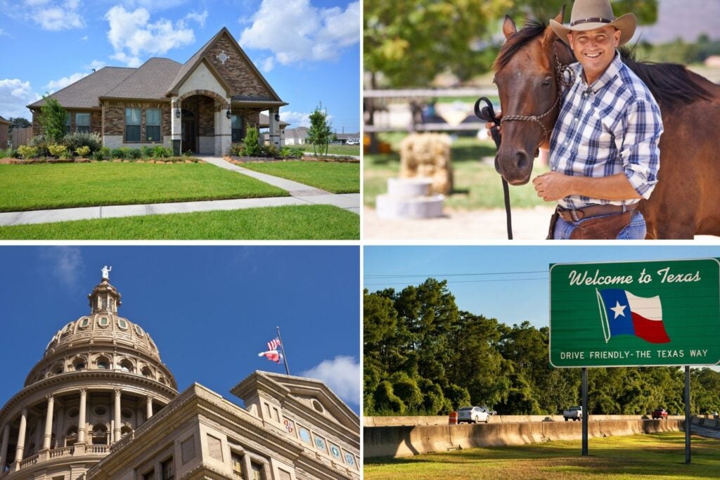 Texas Capitol, a house, a Texas citizen with a horse, and a road with cars.