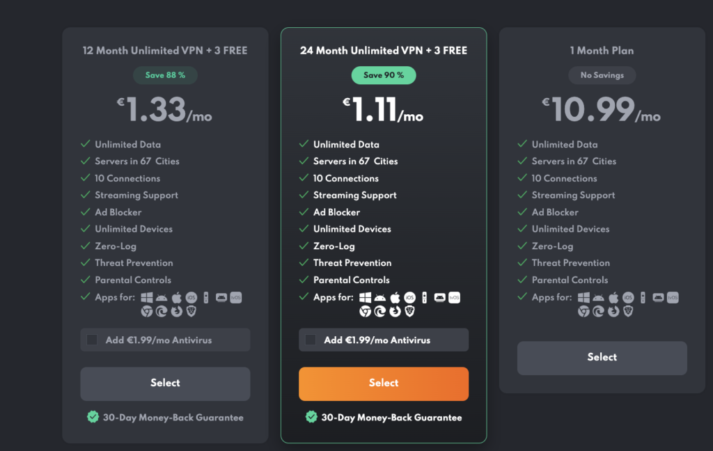Abonnements et tarifs de Privado VPN