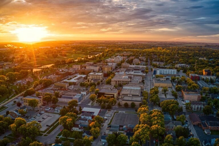 Aerial view of a sunrise over Grand Forks