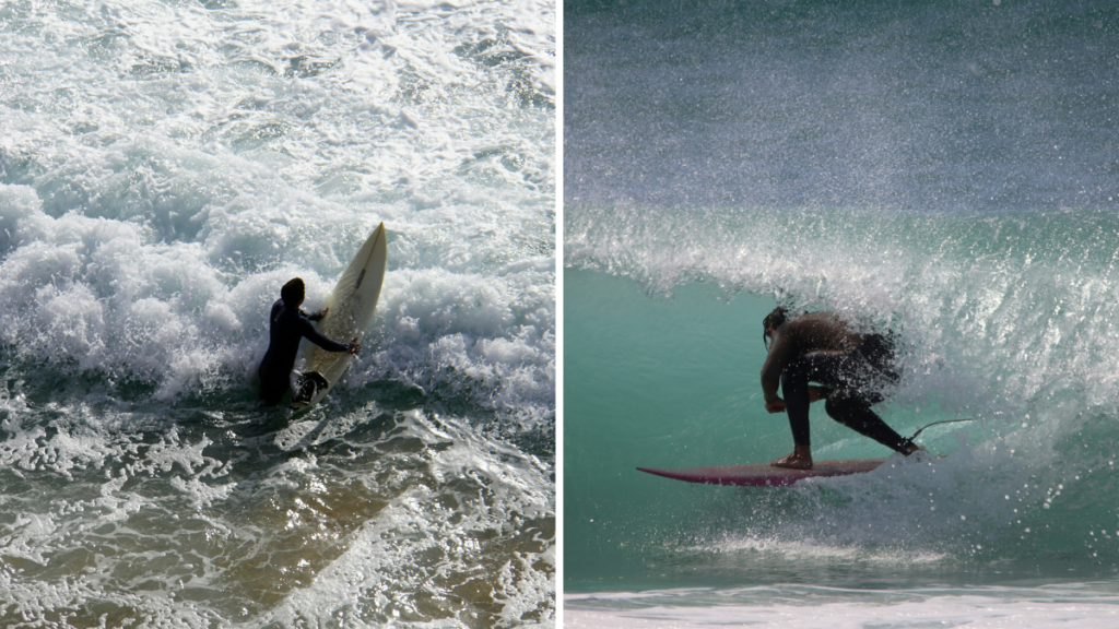 Surfers riding a wave in Rio de Janeiro, Brazil