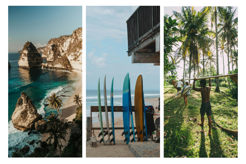 Images depicting surfing spots in Bali.