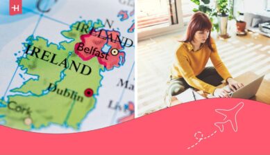 Map of Ireland and another image of a woman teleworking.