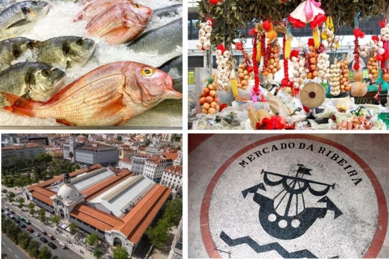 Stalls at Mercado da Ribeira in Lisbon, facade, fish, and garlic.
