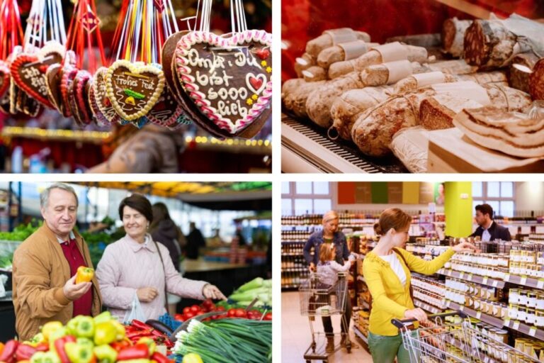Stalls selling meat, fruit, and chocolates at a market in Berlin.