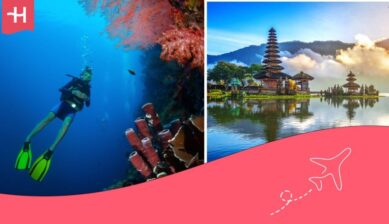 Person diving in Bali and another image of a temple in the city