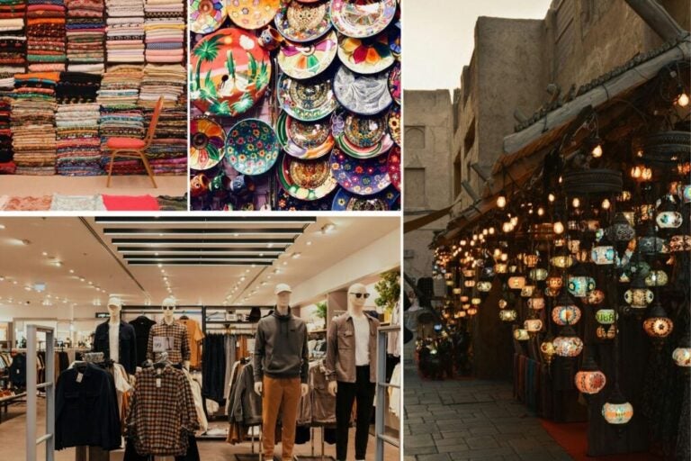Clothing, ceramics, lamps, or fabric shops in Dubai.
