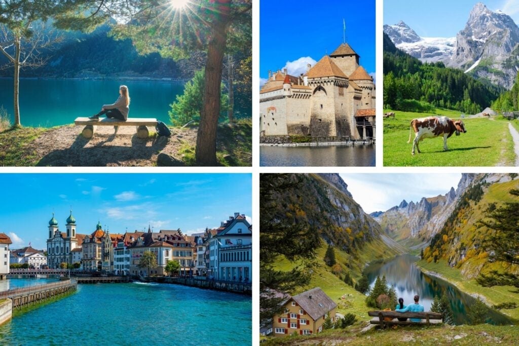 Different landscapes of Switzerland, lakes, castles, and cities.