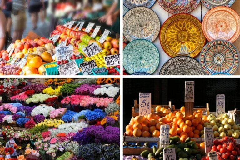 Stalls at Moore Street Market in Dublin with fruit, flowers, and crafts